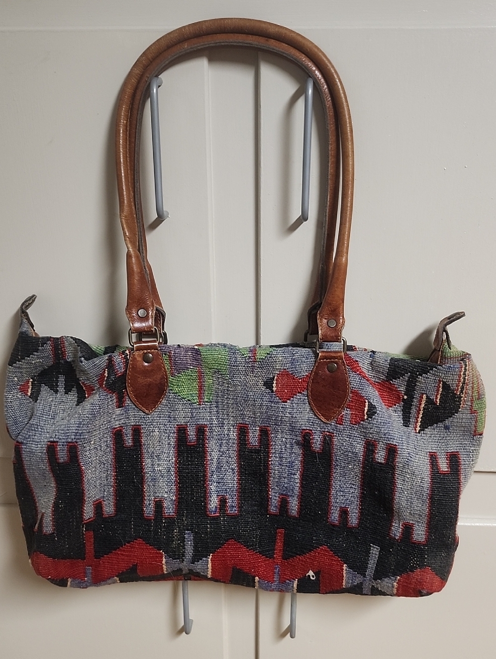 Vintage Boho Woven Tote Bag with Leather Handles - Multicolor